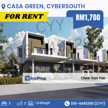 Casa Green @ Cybersouth 2 Storey landed FOR RENT, Selangor, Cyberjaya