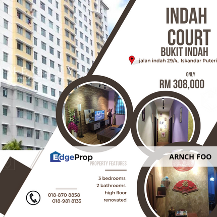 Indah Court Apartment High floor renovated, Johor, Bukit Indah