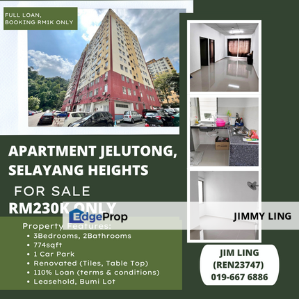 Booking RM1k, Jelutong Apartment, Selayang Heights, 100+10% Loan, Selangor, Batu Caves 