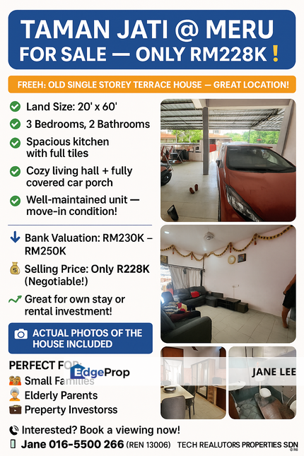 BELOW MARKET PRICE-MERU-TAMAN JATI-1 STOREY-GOOD CONDITION-RM228K -FOR SALE, Perak, Ipoh