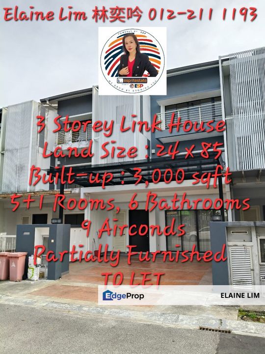 Sustera Damansara @ Damansara Damai | 3-Storey Link House For Rent | 3000 sqft | 5+1R, 6B | 9 Airconds | Partially Furnished | Spacious & Move-In Now, Selangor, Damansara Damai