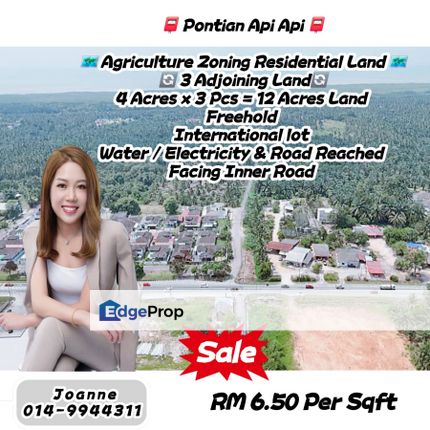 12 Acres (3 Adjoining) Agriculture Zoning Residential Land @ Pontian Api Api, Johor. Near Pontian Besar, Ayer Baloi, Pekan Nanas, Johor, Pontian