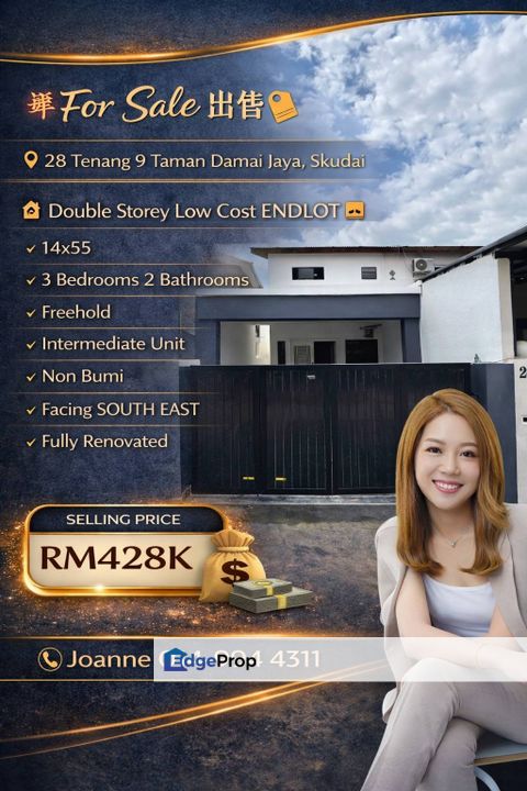 Double Storey Low Cost Endlot @ 28 Jalan Tenang 9, Taman Damai Jaya, Skudai, Johor. Near Tun Aminah, Taman Universiti, Sutera Utama, Johor, Skudai