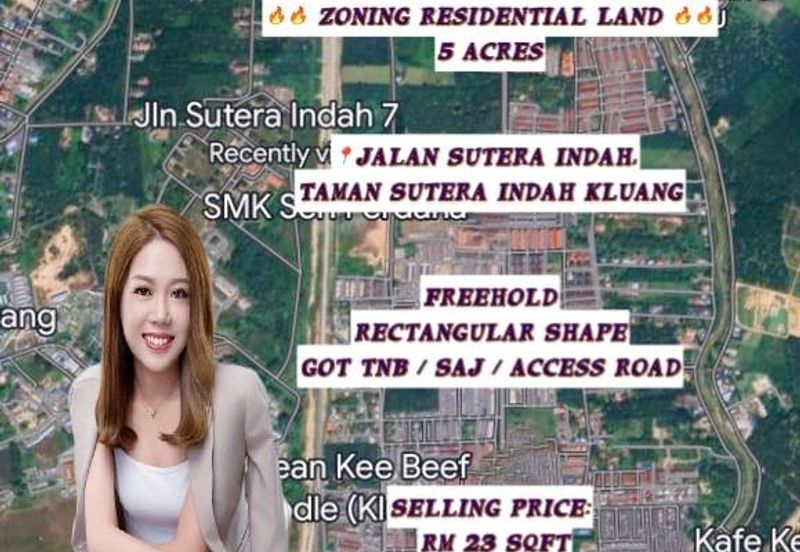 5 Acres Zoning Residential Land - Jalan Sutera Indah, Taman Sutera Indah, Kluang, Johor