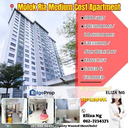 Rare unit Molek Ria Full loan Medium Cost Apartment for Sale, Johor, Johor Bahru