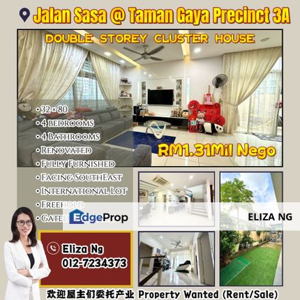 Taman Gaya Jalan Sasa Fully renovated 35*80 Double Storey Cluster For sale, Johor, Ulu Tiram