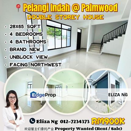 Pelangi Indah Palmwood 28*65 Brand New Original unit Double Storey for Sale, Johor, Ulu Tiram
