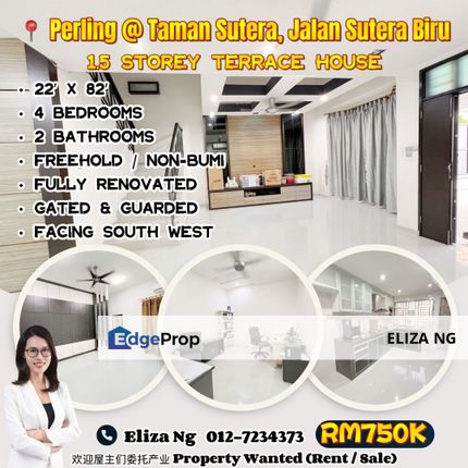 Perling Jalan Sutera Biru Fully Renovated 22*82 Big size 1.5 Storey for Sale, Johor, Johor Bahru