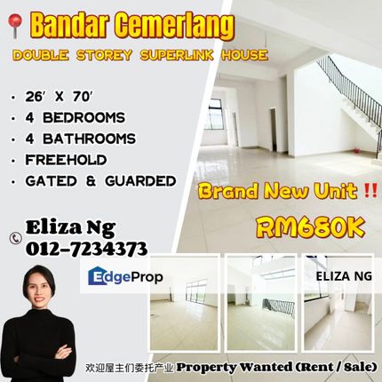Ulu Tiram Bandar Cemerlang Band new unit facing South 26*70 Double Storey Superlink for Sale, Johor, Ulu Tiram