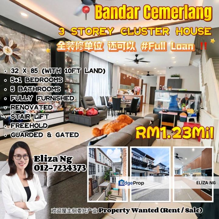 Bandar Cemerlang Precinct B Full loan Fully Renovated Extended 3 Storey Cluster for Sale, Johor, Ulu Tiram