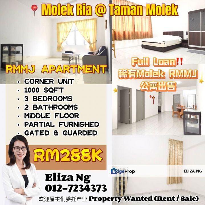 Taman Molek Ria RMMJ Apartment Renovated Full loan for sale 1000 sqft, Johor, Johor Bahru