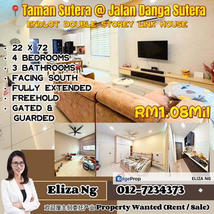 Skudai Danga Sutera Facing South Renovated AA Double Storey Endlot Superlink For Sale, Johor, Skudai