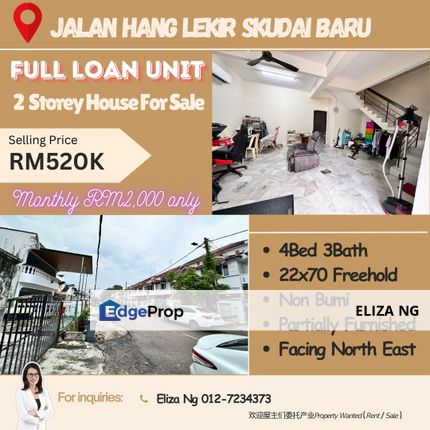 Full loan! Skudai Jalan Hang Lekir Double Storey for Sale , Johor, Skudai