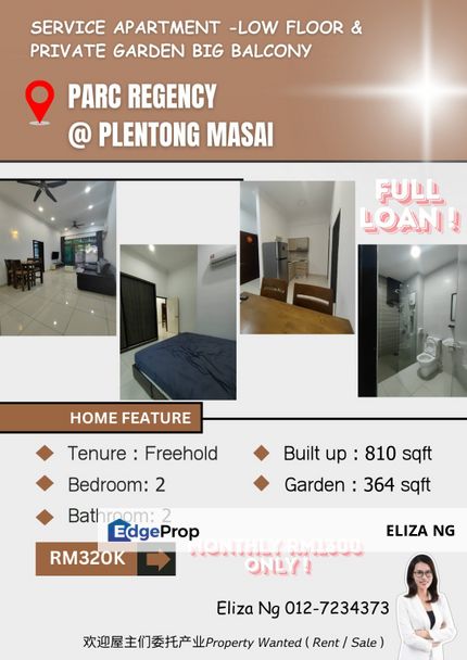 Full loan Masai Parc Regency big balcony Private Garden 2 Bedrooms unit for Sale , Johor, Johor Bahru