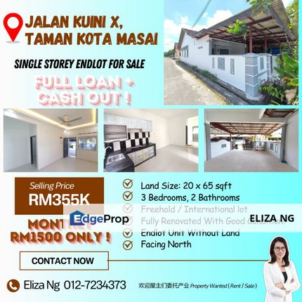 Kota Masai Jalan Kuini Full loan n Cash out  Fully Renovated Single Storey end lot for Sale , Johor, Pasir Gudang