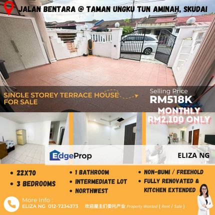 Skudai Taman Ungku Tun Aminah Jalan Bentara Renovated Fully Extended Single Storey for Sale, Johor, Skudai