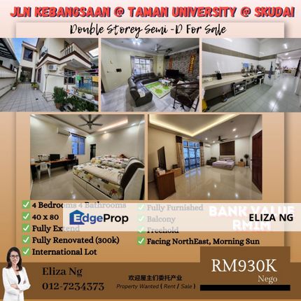 Skudai Taman University Jalan Kebangsaan Morning Sun Fully Renovated Double Storey Semi D for Sale , Johor, Skudai