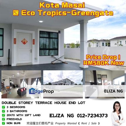 Pasir Gudang Kota Masai Eco Tropics Greengate Full loan Facing South Renovated End lot Double Storey for Sale, Johor, Pasir Gudang