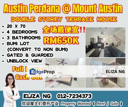 Mount Austin Taman Austin Perdana Lowest Price Full loan Cash out Unblock View Renovated Facing North Double Storey for Sale, Johor, Johor Bahru