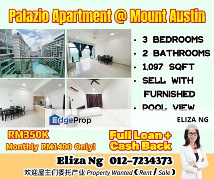 Mount Austin Palazio Apartment Full loan High ROI 3 bedrooms Unit Pool View for sale , Johor, Johor Bahru
