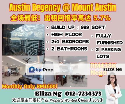 Mount Austin Regency Lowest Price High ROI 2+1 Bedrooms fully furnished and Renovated for Sale, Johor, Johor Bahru