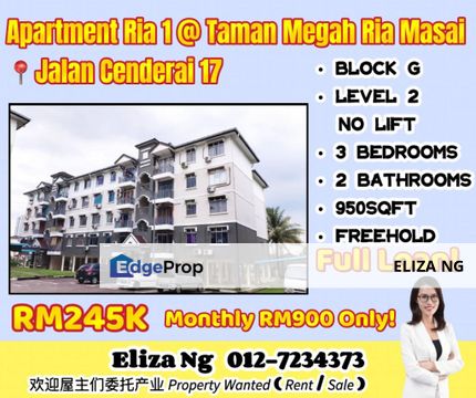 Masai Megah Ria 1 Low floor Apartment Good Condition For Sale, Johor, Masai