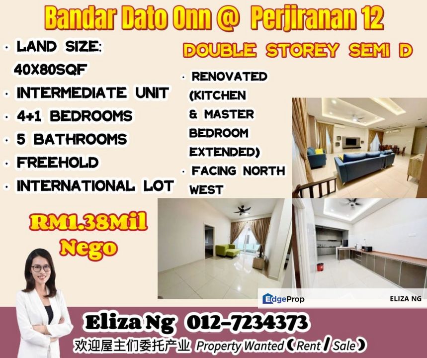 Dato onn Perjiranan 12 Fully Extended Land with morning Sun Double Storey Semi D for Sale, Johor, Johor Bahru