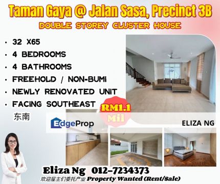 Taman Gaya Jalan Sasa Precinct 3B Facing Southeast renovated Double Storey Cluster for Sale, Johor, Ulu Tiram