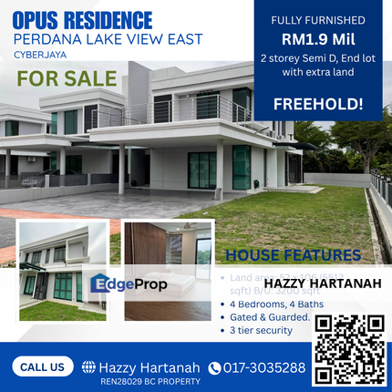 Opus Residence, Semi D end lot with extra land. Perdana Lake View East, Cyberjaya for sale., Selangor, Cyberjaya