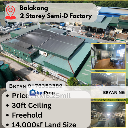 2Storey SemiD Factory 30ft Ceiling Heights / Office with Partly Furnished , Selangor, Balakong