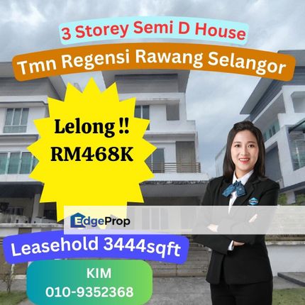 Lelong 3 Storey Semi D House Taman Regensi Rawang Selangor, Selangor, Rawang