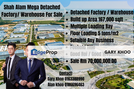 Shah Alam Detached Mega Factory Bu 167,000sf Freehold with Mutlipe Loading Bay ,Good Roi , Good Investment , Selangor, Shah Alam