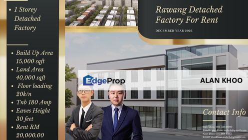 Detached Factory Facing Main Road Build up 15,000sf La 40,0000sf Tnb 180amp , Selangor, Rawang