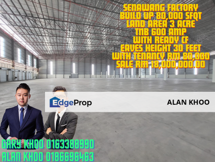 Senawang Factory Land 3 Acre Bu 80ksf Eaves Height 30 feet Tnb 600 amp , Negeri Sembilan, Senawang