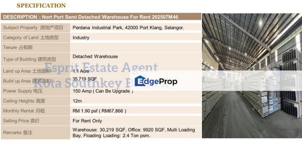 WTR/Semi-Detached/Perdana Industrial Park/35,719 SQFT/67,866, Selangor, Klang