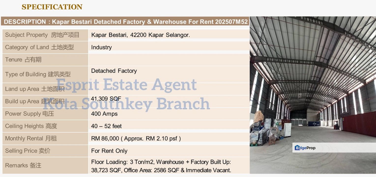 WTR/Kapar, Bestari/Detached/41,039 SQFT/86,000, Selangor, Kapar 