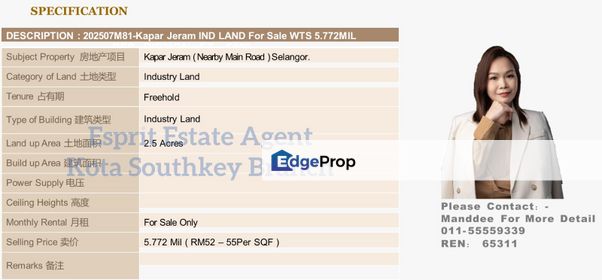 WTS/Kapar Jeram/Industry Land/2.5 Acres/5.772 Million, Selangor, Klang