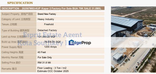 WTS/Kiip Kapar/Brand New Detached/79,476.91 SQFT/31.8 Million, Selangor, Klang