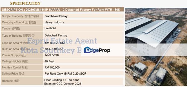 WTR/Kiip Kapar/Brand New Detached/79,576.91 SQFT/180,000, Selangor, Klang