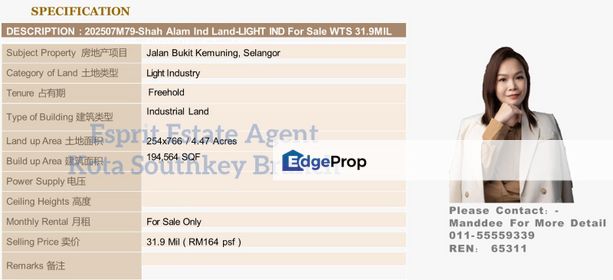 WTS/Jalan Bukit Kemuning/Light Industry/194,564 SQFT/31.9 Million, Selangor, Shah Alam