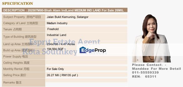 WTS/Jalan Bukit Kemuning/Medium Industry/194,564 SQFT/26.27 Million, Selangor, Shah Alam