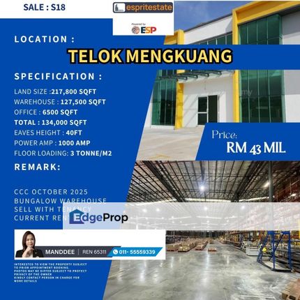 WTS/Bungalow Warehouse/134,000 Sqft/43 Million, Selangor, Telok Panglima Garang