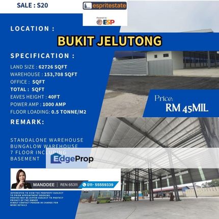 WTS/Bungalow Warehouse/153,708 Sqft/45 Million, Selangor, Shah Alam