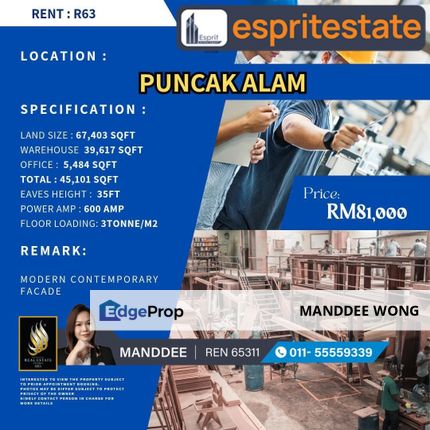 RENT/PUNCAK ALAM/67,403SQF/RM81,000, Selangor, Bandar Puncak Alam