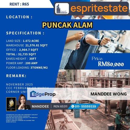 RENT/PUNCAK ALAM/46,696SQF/RM80,000, Selangor, Bandar Puncak Alam