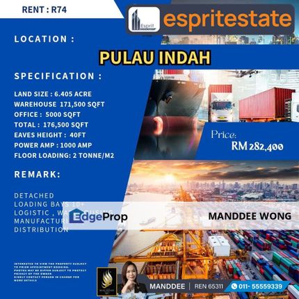 RENT/PULAU INDAH/74,771SQF/RM282,400, Selangor, Port Klang