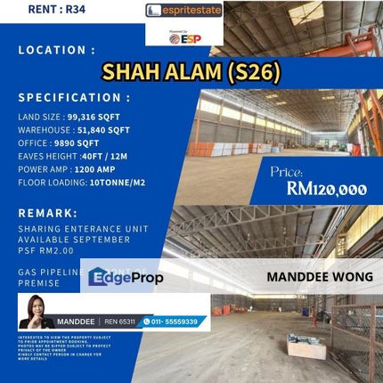 RENT/SHAH ALAM/99,316SQF/RM120,000, Selangor, Shah Alam