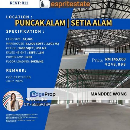 RENT/PUNCAK ALAM/94,000SQF/RM145,000, Selangor, Bandar Puncak Alam