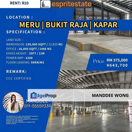 RENT/MERU/138,000SQF/RM375,000, Selangor, Klang
