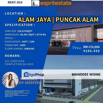 RENT/PUNCAK ALAM/130,674SQF/RM170,000, Selangor, Bandar Puncak Alam